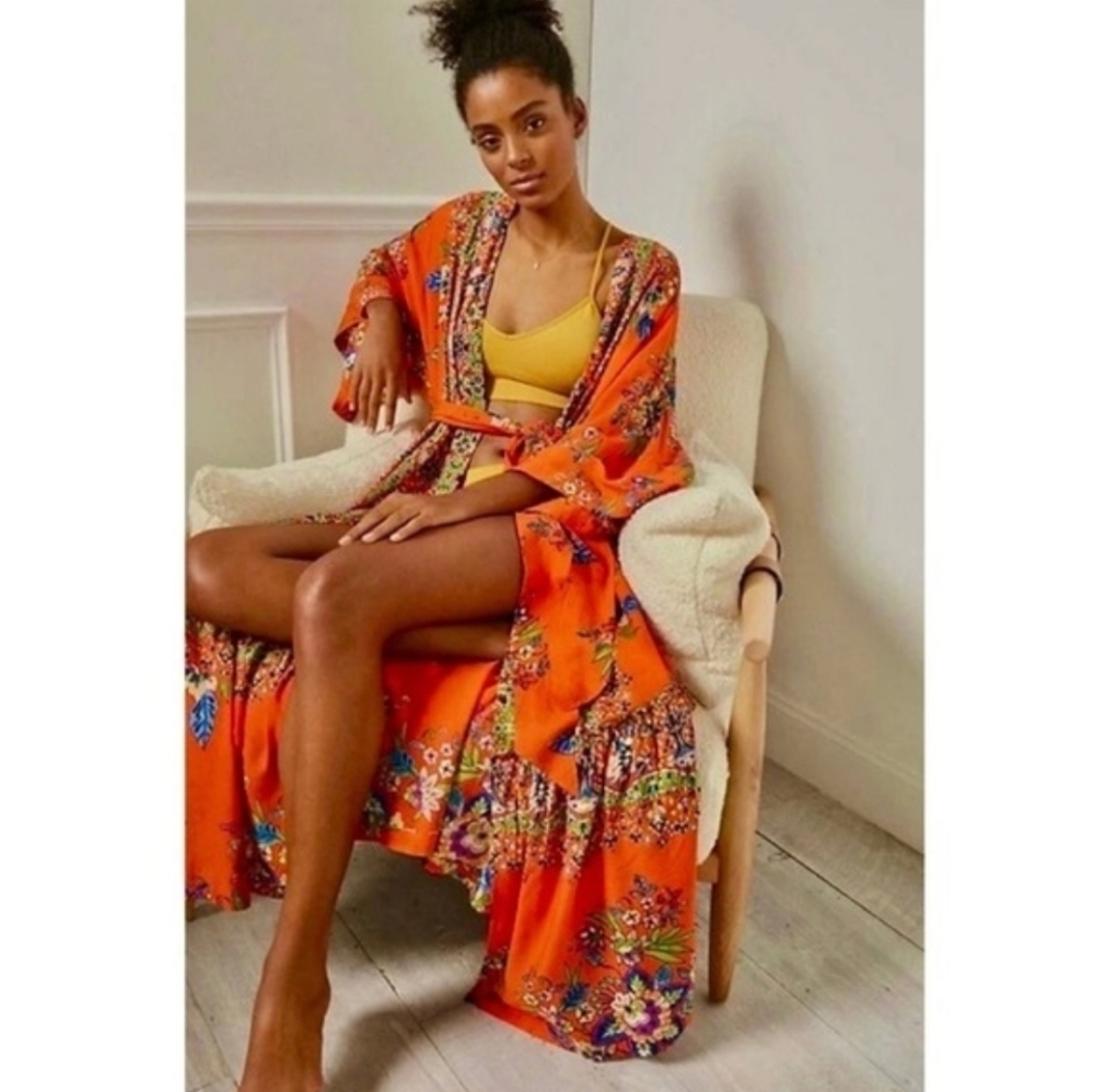 Anthropologie Emmanuel Maxi Dress Kimono Robe Boho Floral Bohemian Orange 1X - Picture 5 of 14